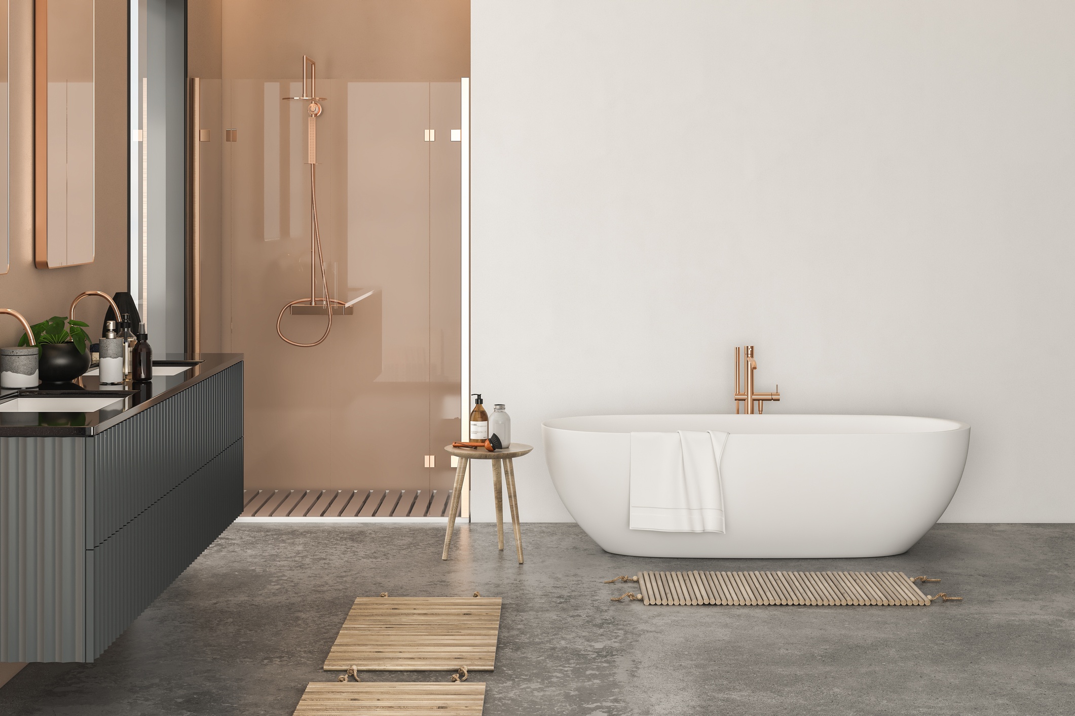 Modern minimalist bathroom with rose gold accents and white and light terracotta walls.
