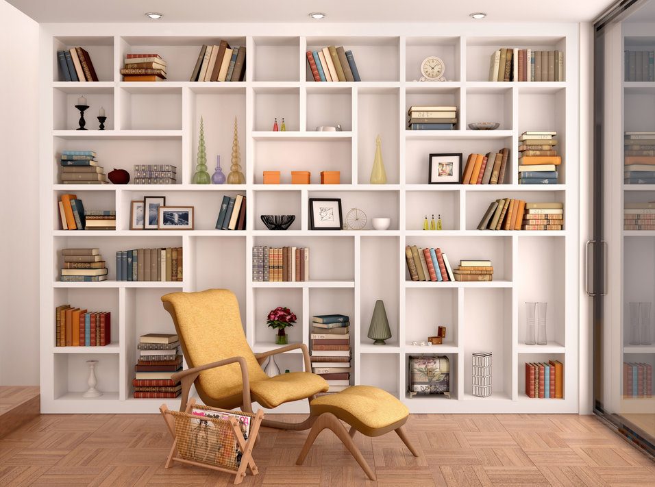 Modern Reading Place with White Paneled Custom Bookcase