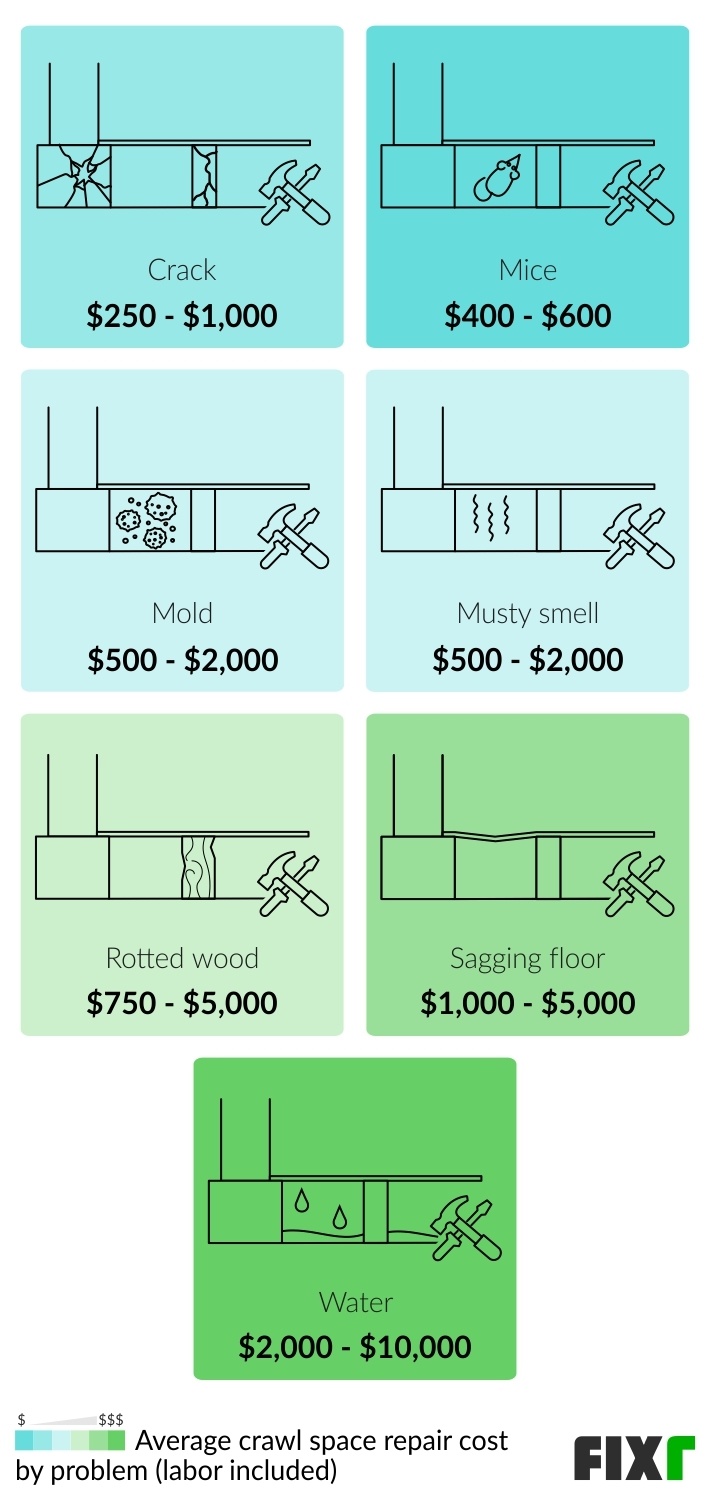 Cost to Repair a Crawl Space by Problem: Crack, Mice, Mold, Musty Smell, Rotten Wood, Sagging Floor, and Water