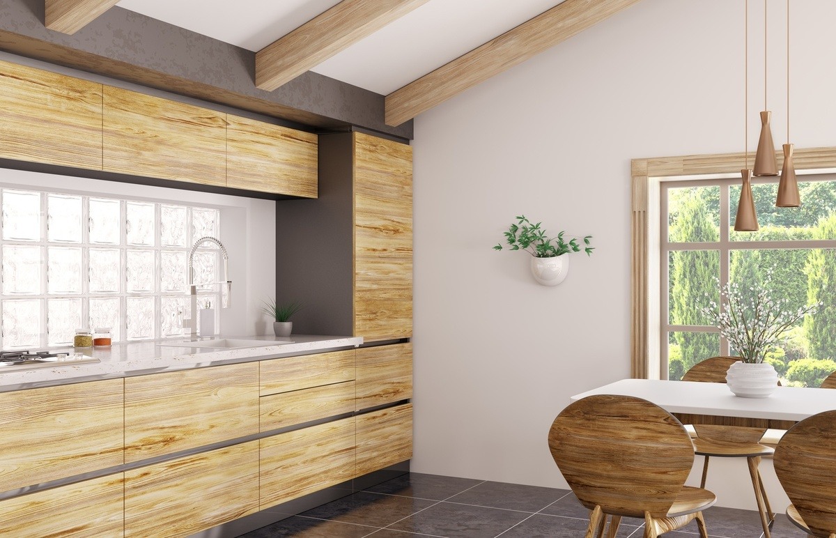 Modern Wooden Kitchen With a Glass Block Window