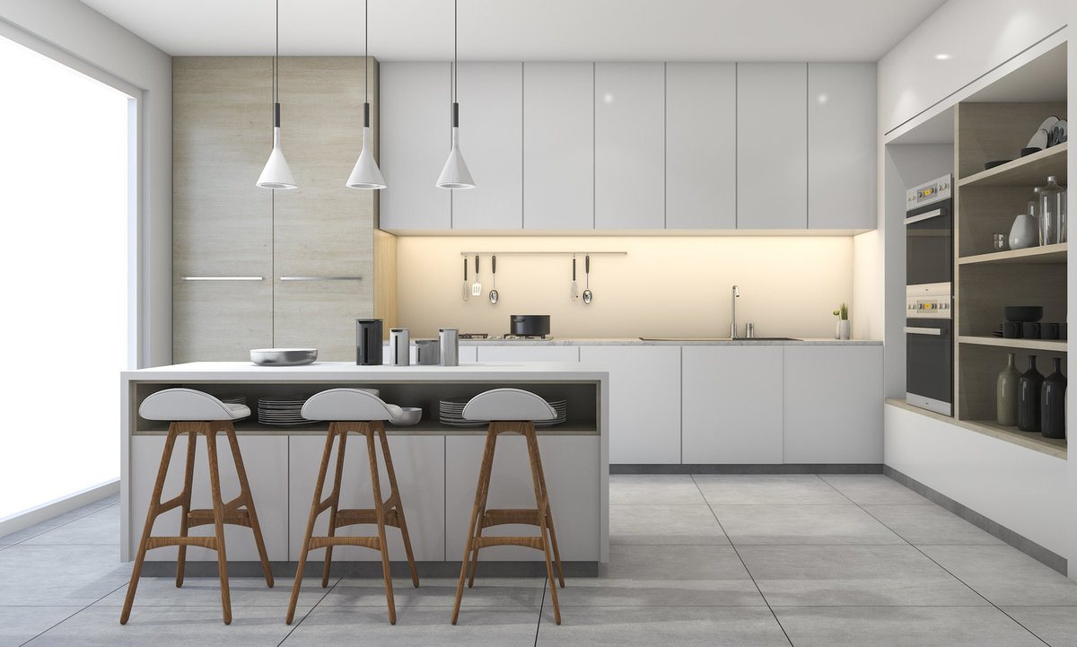 Minimalist Kitchen Design with White Cabinets and Pendant Lighting