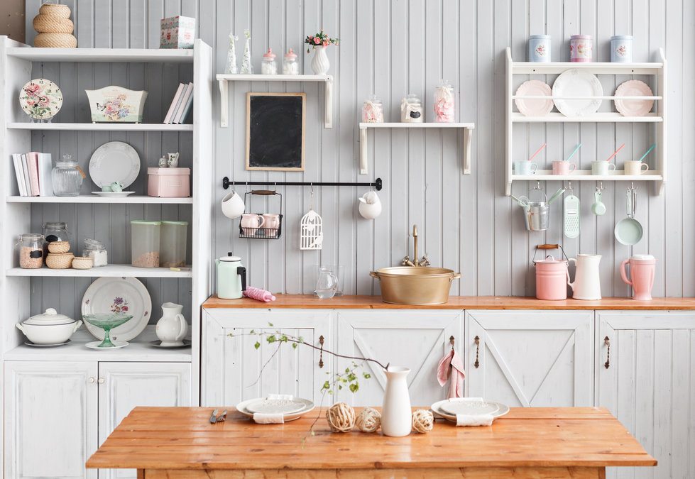 Vintage Kitchen Design with Wooden Table and White Cabinets