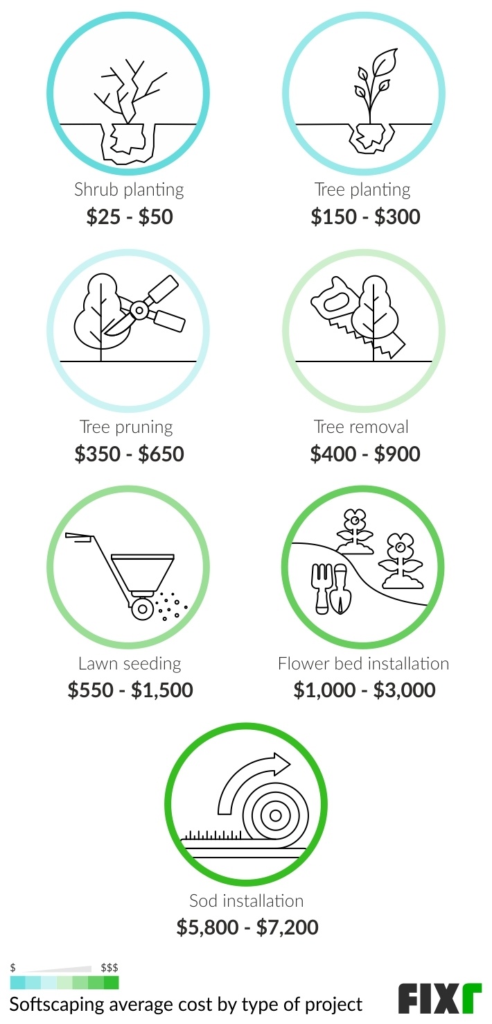 Softscaping Cost by Type of Project: Shrub Planting, Tree Planting, Tree Pruning, Tree Removal, Lawn Seeding...