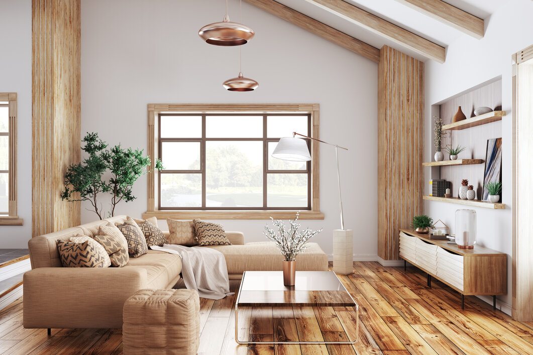 Beautiful living room with wooden window trim