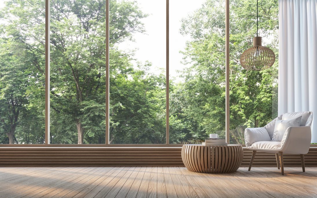Modern Living Room With Nature View and Wood Windows