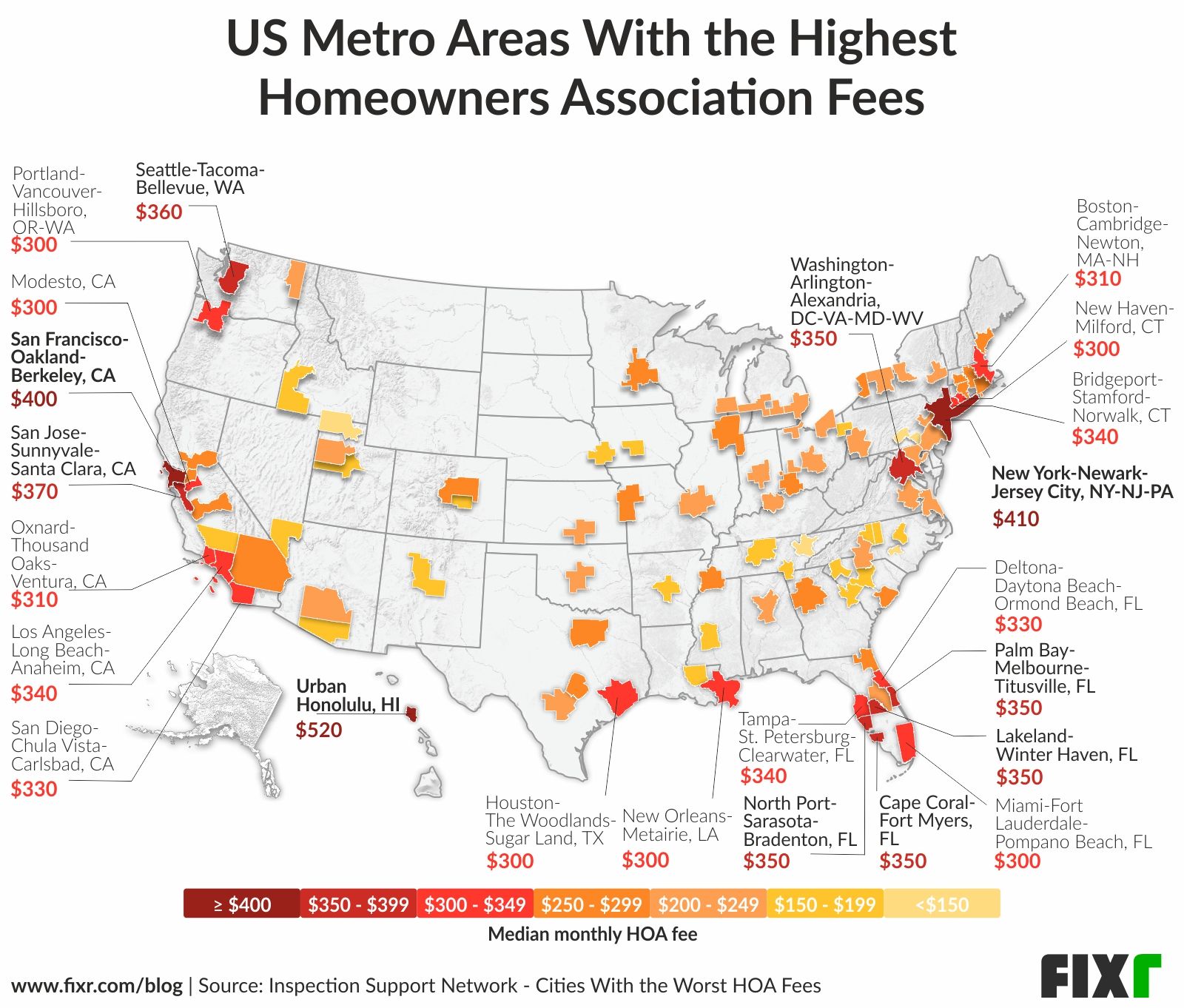 Median monthly HOA fees of metro areas with highest fees