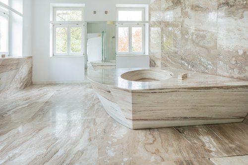 Stunning Bathroom Floor Composed Of Marble Basketweave Tiles And